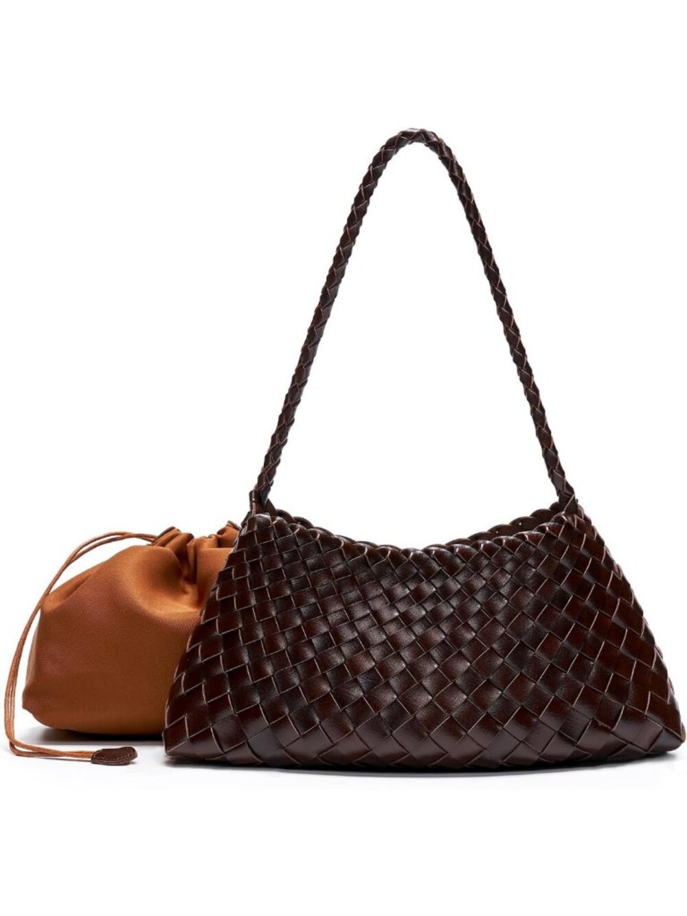 Trendy Vegan Leather Woven Shoulder Bag with Drawstring Pouch & Braided Strap